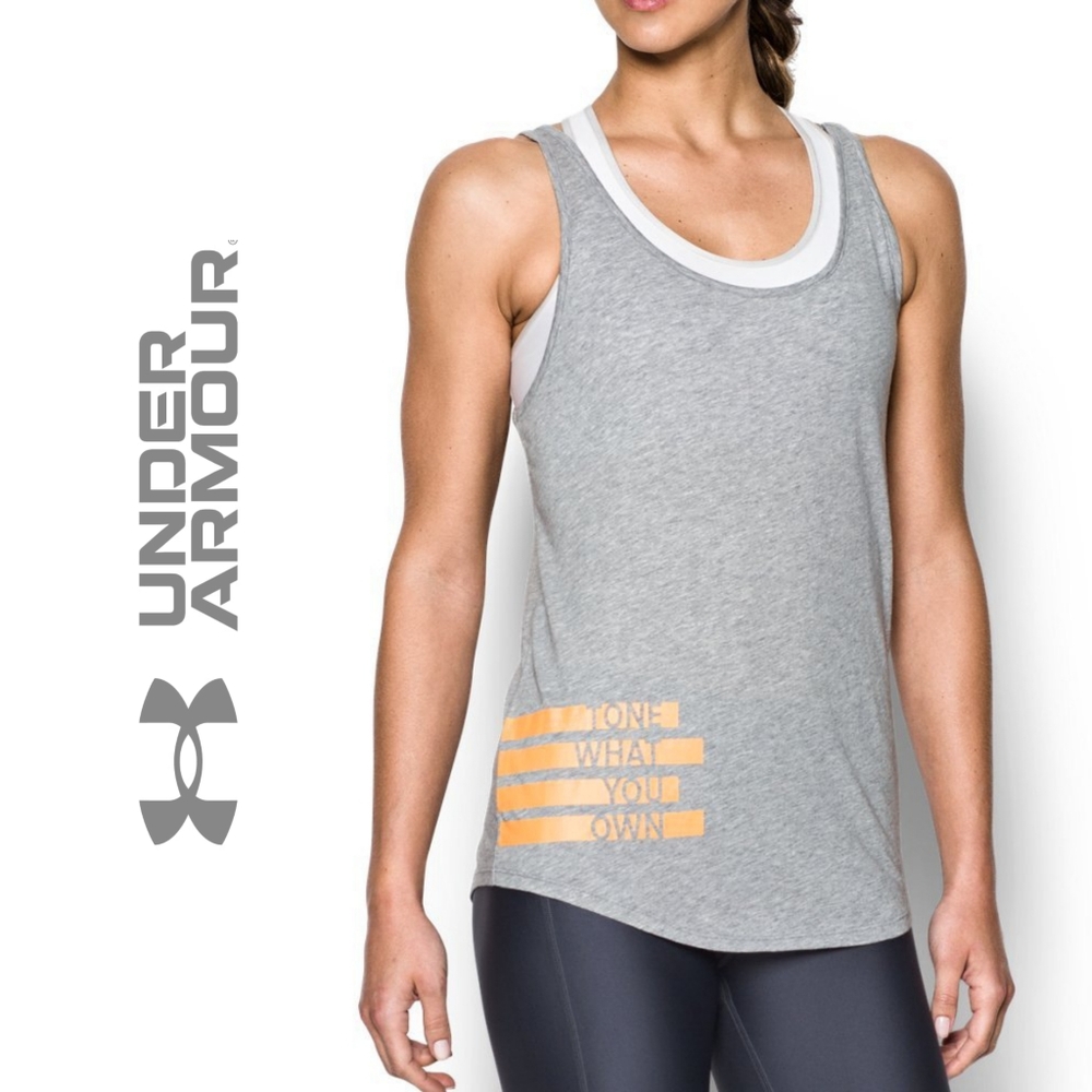 NEW Under Armour "Tone What You Own" Gray Orange Loose Scoop Back Tank Top XL